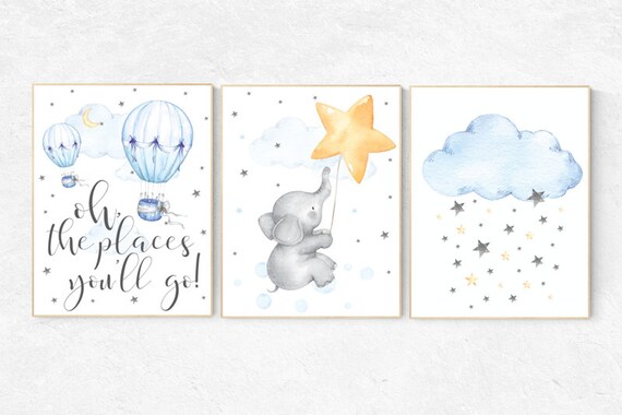 Nursery wall art neutral, nursery decor hot air balloons, gender neutral, Oh the places you'll go, moon and stars nursery, baby room decor