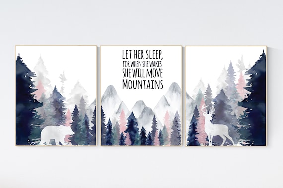 Nursery decor woodland, mountain wall art, tree nursery decor, adventure theme nursery, forest, navy and blush, woodland animals, navy blush