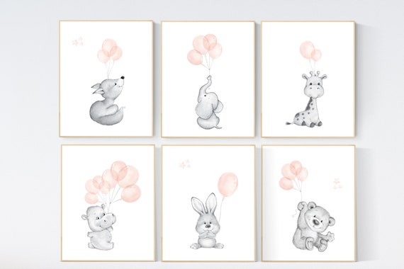 Nursery prints animals with balloons, animal balloon print, blush pink, nursery decor girl, elephant, bunny, giraffe, hippo, blush nursery