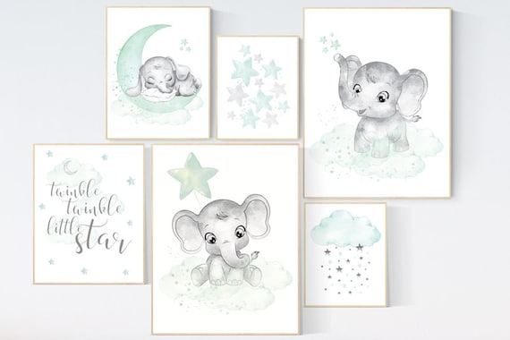 Nursery decor mint, gender neutral nursery, elephant nursery, twinkle twinkle little star, nursery wall decor, twin nursery, unisex