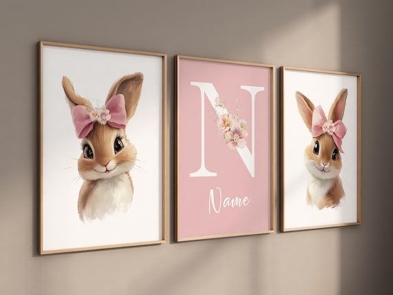 Nursery wall art girl bunnies, bunny nursery print, rabbit nursery, bunny nursery decor, bow nursery, bow print, blush nursery, girl nursery