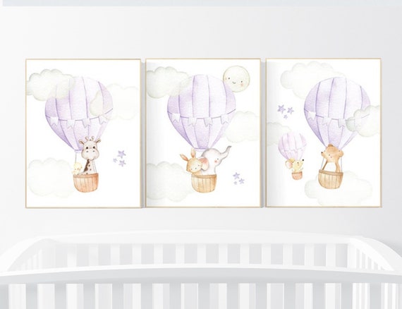 Nursery decor girl purple, hot air balloon, nursery decor girl purple, animal nursery, lilac nursery, elephant, giraffe, bear, bunny