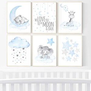 Nursery decor boy elephant, we love you to the moon and back, Blue and gray, moon and stars. nursery wall art boy elephant, baby blue, stars