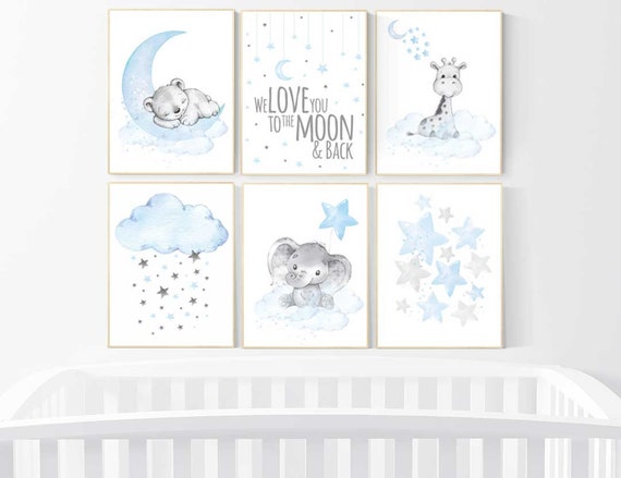 Nursery decor boy elephant, we love you to the moon and back, Blue and gray, moon and stars. nursery wall art boy elephant, baby blue, stars