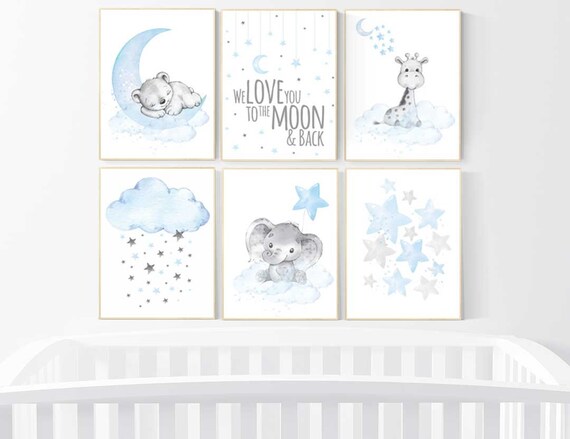 Nursery decor boy elephant, we love you to the moon and back, Blue and gray, moon and stars. nursery wall art boy elephant, baby blue, stars