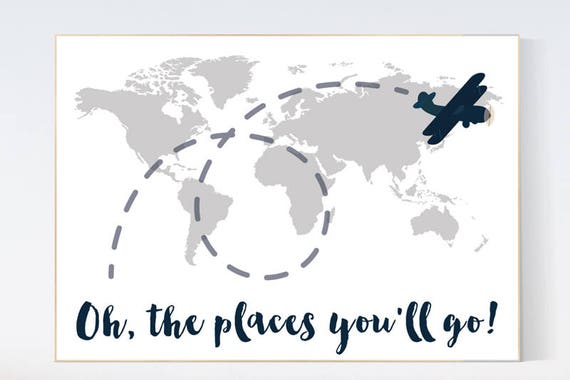 Oh the places you'll go, gray nursery decor, travel nursery decor, World Map wall art, world map nursery, navy gray nursery, grey nursery