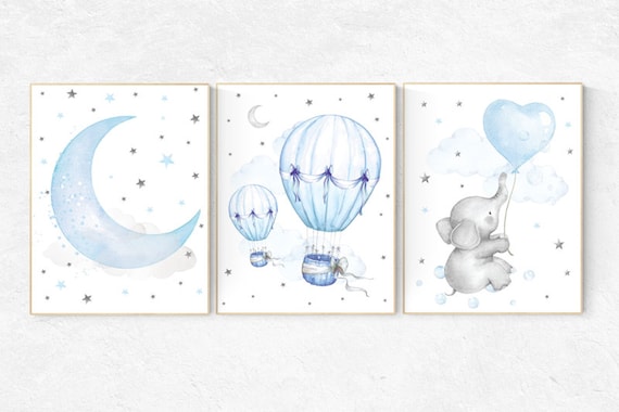 Nursery decor elephant, Nursery decor boy hot air balloon, nursery wall art boy, blue and gray, baby room decor, nursery prints, moon, stars