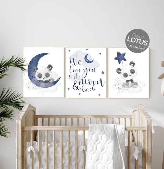Navy nursery decor, panda nursery, moon and stars, navy blue nursery art, baby room wall art, boy nursery decor, panda bear, navy grey