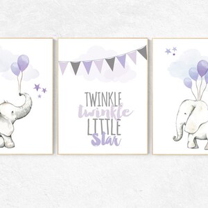 Nursery decor elephant, nursery decor purple, animal nursery prints with balloon, animal balloons, lilac nursery decor elephant, lavender