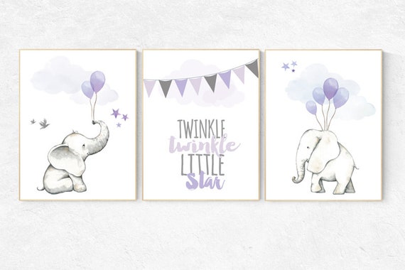 Nursery decor elephant, nursery decor purple, animal nursery prints with balloon, animal balloons, lilac nursery decor elephant, lavender