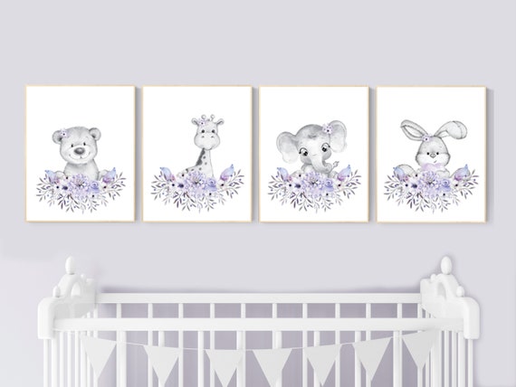 Purple nursery, floral jungle animals, boho nursery, woodland animals, lilac, elephant, bear, giraffe, bunny, animal prints, lilac, lavender