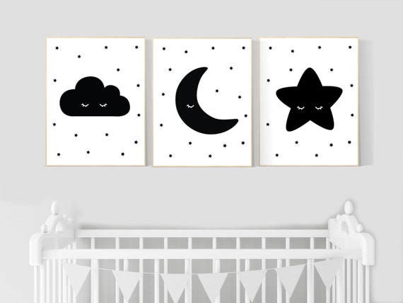 Nursery wall art black, nursery decor gender neutral, baby room decor, cloud, moon and stars, black and white nursery wall decor, twins