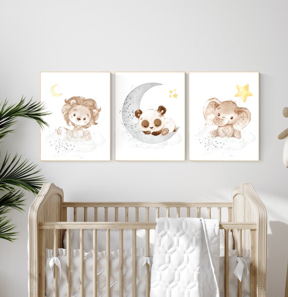 Nursery decor neutral, Yellow gray nursery, nursery wall art animals, elephant, lion, panda, moon, stars, gender neutral, yellow and gray