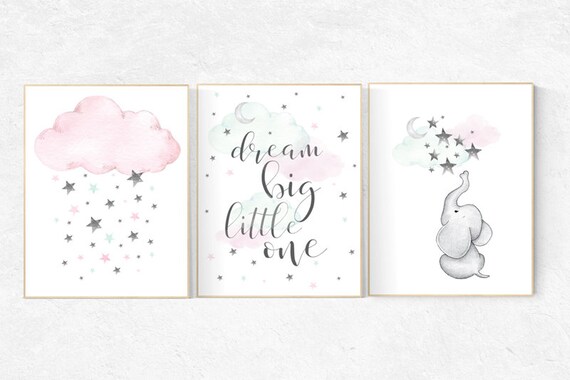 Nursery decor elephant, pink mint nursery decor, pink teal nursery, mint green, pink and mint nursery wall art, dream big little one, aqua