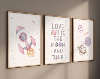 Pink Space Nursery Prints: Rocket Ship, Planets, Girls Room Decor