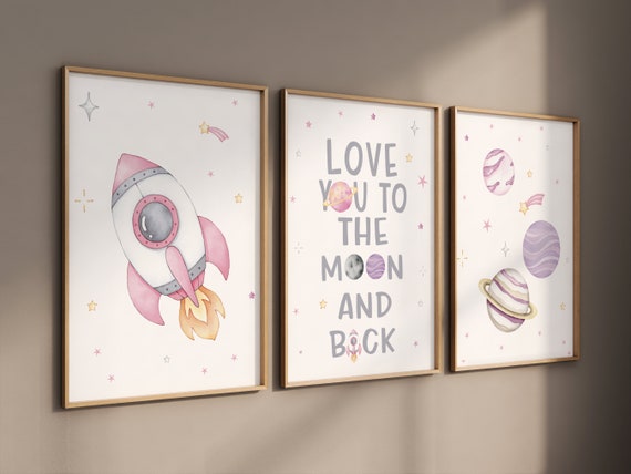 Girl nursery space, girls Room Decor, Space Nursery Prints, Playroom Decor,space wall art, Outer Space Nursery Wall Art, Rocket Ship