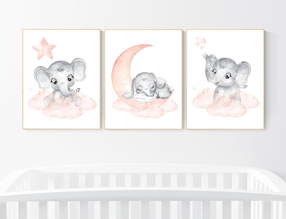 Nursery decor elephant, peach nursery, elephant nursery print, nursery wall art animals, girl nursery, coral nursery, nursery wall decor