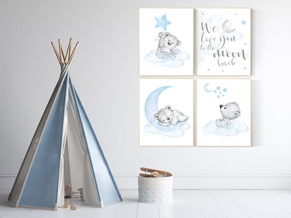 Nursery decor boy baby bear, nursery decor boy elegant, nursery wall art animals, bear nursery decor, boy nursery prints, baby blue nursery