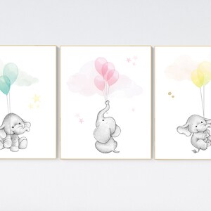 Blue pink yellow nursery decor, nursery decor elephant, animal prints, nursery decor boy elephant, nursery decor girl elephant pastel colors