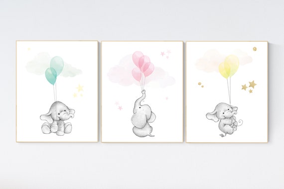 Blue pink yellow nursery decor, nursery decor elephant, animal prints, nursery decor boy elephant, nursery decor girl elephant pastel colors