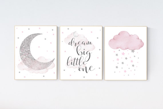 Nursery wall art girl, mauve and silver nursery, cloud, stars, pink nursery art, cloud and stars, baby room decor for girls
