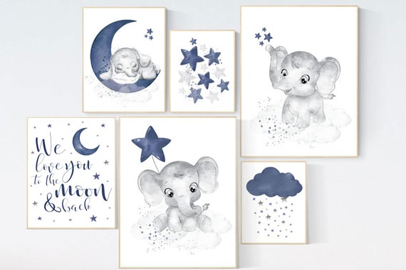 Nursery decor boy elephant, navy blue nursery wall art, navy nursery, boy nursery wall art, we love you to the moon and back, animal prints