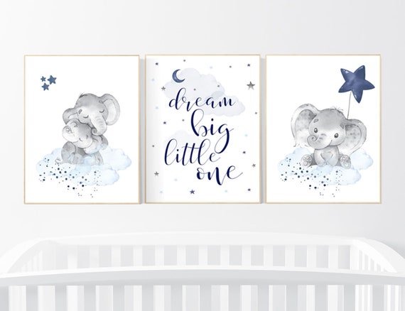 Navy nursery decor, moon and stars, navy blue nursery art. baby room wall art, boy nursery decor, set of 3, nursery prints boy, elephant art