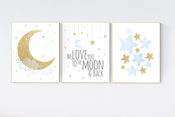 Nursery decor boy, blue and gold nursery, cloud, moon, stars, blue nursery wall art, boy nursery wall art, blue gold prints, boys room