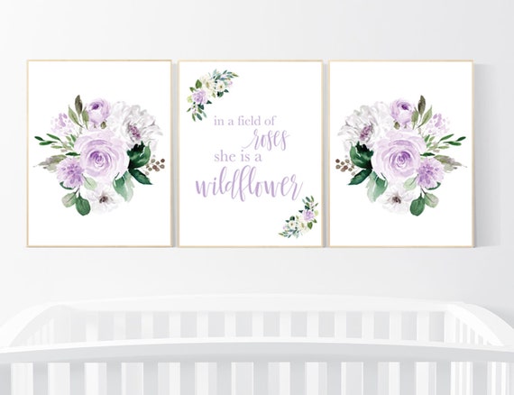 Purple flower nursery decor, Nursery decor girl purple, in a field of roses she is a wildflower, lavender nursery, lilac nursery, girls room