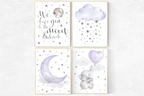 Baby room decor elephant, purple nursery wall art, nursery decor lavender, lilac, to the moon and back, cloud and stars, baby room decor