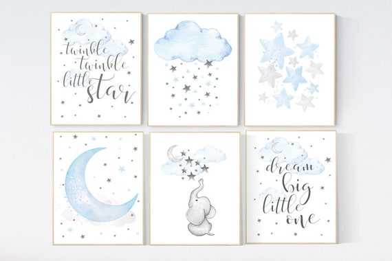 Elephant nursery, dream big little one, Blue and gray, Nursery decor boy, nursery decor, boys room decor, clouds and stars, blue grey