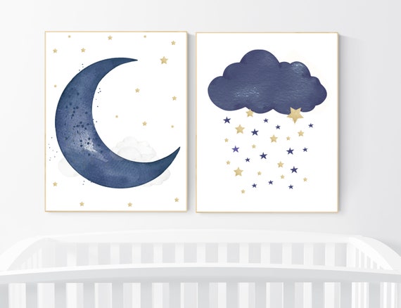 Navy nursery decor, cloud and stars, moon and stars, navy gold nursery art. baby room wall art, boy nursery decor, set of 2, nursery art