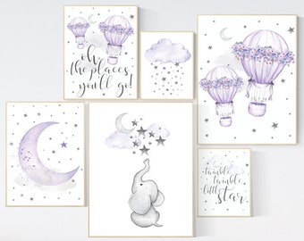 Nursery decor girl purple, Nursery decor elephant, hot air balloon nursery, oh the places you'll go, lilac nursery, lavender nursery