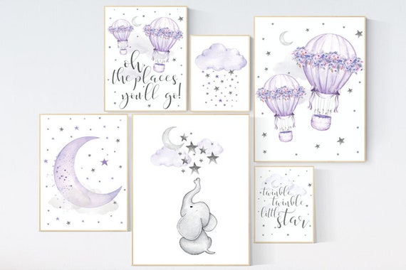 Nursery decor girl purple, Nursery decor elephant, hot air balloon nursery, oh the places you'll go, lilac nursery, lavender nursery