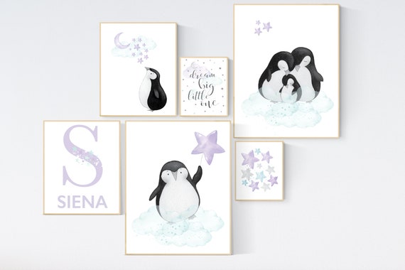 Nursery decor girl penguin, purple nursery, penguins, penguin nursery, nursery wall art, girl's nursery decor, name nursery, purple and teal