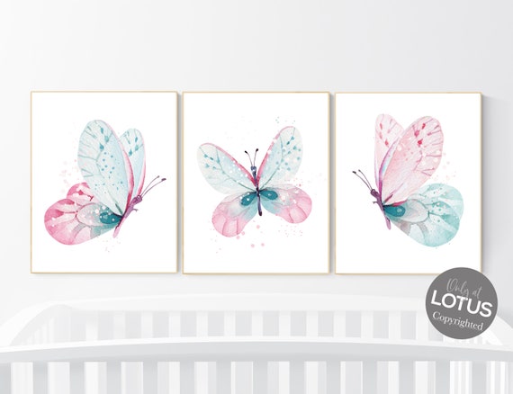 Nursery decor girl butterfly, pink and mint nursery, pink teal nursery, girl room prints, baby girl nursery wall art butterfly wall art pink