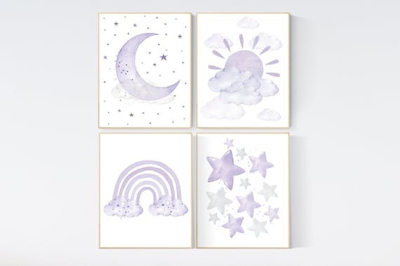 Nursery prints rainbow, Nursery decor girl purple, lilac nursery, nursery wall art girl, moon star, cloud, sun nursery, lavender, lilac