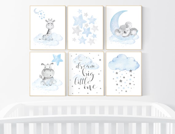 Animal nursery, Nursery decor boy koala, giraffe, hippo, baby blue nursery, boys room decor, blue gray, animal prints, animal prints