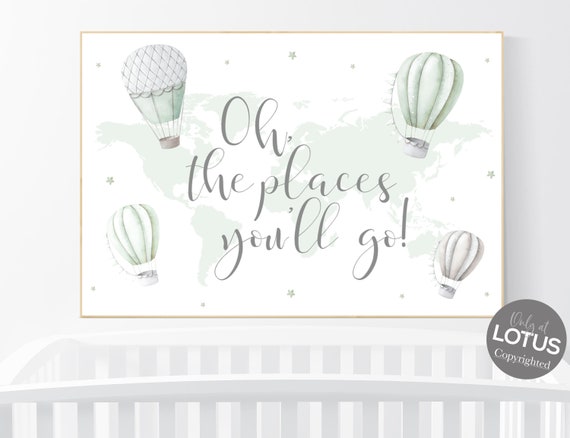 Hot air balloon nursery, sage green nursery, Nursery decor neutral, gender neutral, green nursery, world map, oh the places you'll go