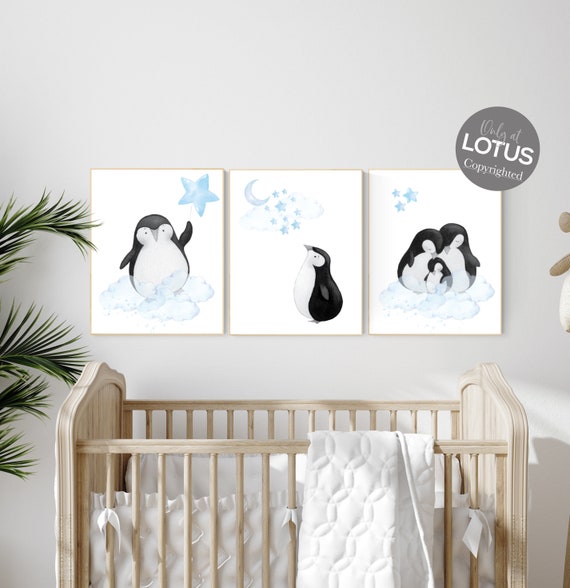 Penguin nursery, baby blue nursery, boy nursery decor, baby room wall art, boys nursery room prints, nursery wall art penguin, penguins