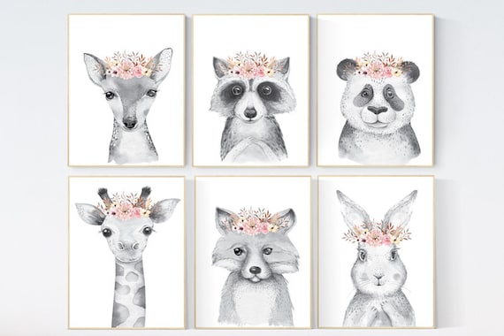 Nursery decor girl animal, woodland animals, floral nursery, black and white, nursery prints animals, nursery wall art girl animal, woodland