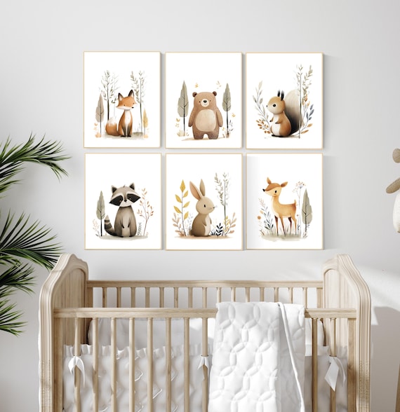 Woodland Nursery Wall Art Set of 6 | Fox, Bear, Squirrel, Raccoon, Bunny, Deer Prints | Neutral Forest Animal Baby Room Decor