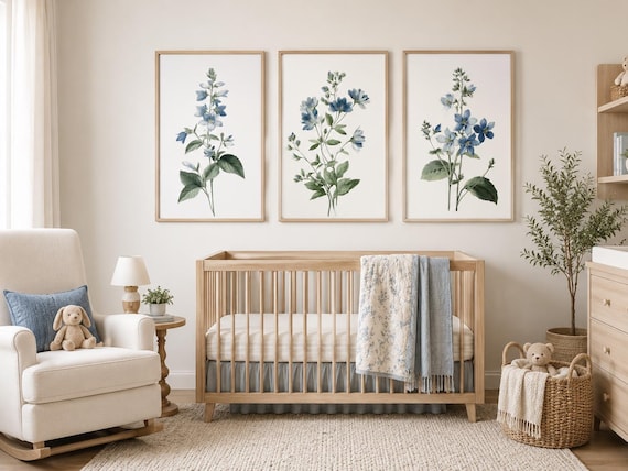 Blue Botanical Nursery Wall Art Set of 3, Wildflower Prints, Watercolor Floral