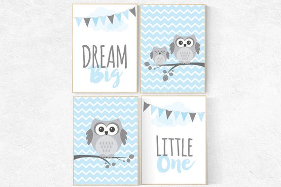 Owl nursery decor, Baby boy nursery, moon print, dream big little one, owl nursery wall art, blue gray nursery, boys room wall art, baby boy