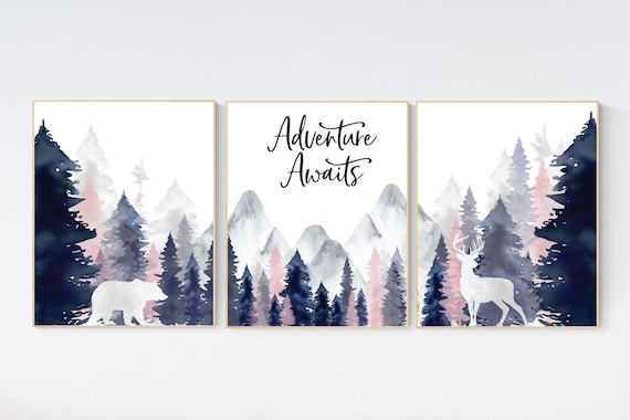 Nursery decor woodland, mountain wall art, tree nursery decor, adventure theme nursery, forest, navy and blush, woodland animals, navy blush