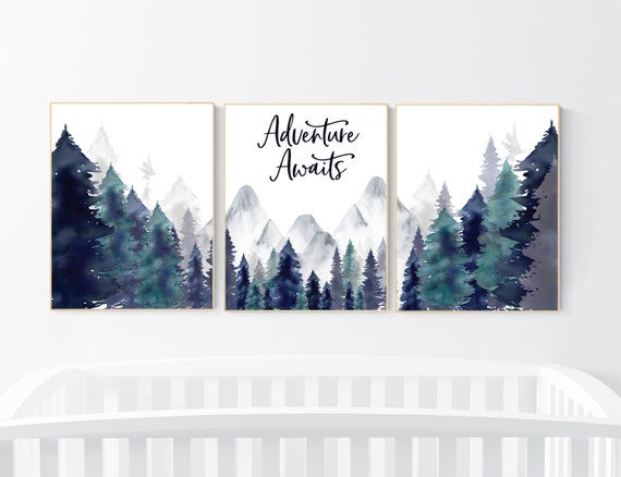 Nursery decor woodland, mountain wall art, tree nursery decor, adventure theme nursery, forest, navy and teal, woodland animals