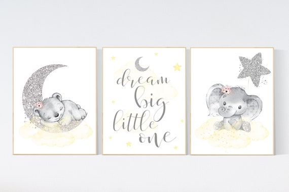 Animal nursery, nursery decor girl yellow silver, nursery decor girl woodland animals, teddy bear, elephant, nursery prints girl