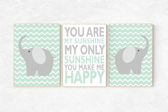 Mint nursery decor, You are my sunshine my only sunshine, mint gray, elephant nursery, kids room decor, mint green nursery decor, playroom