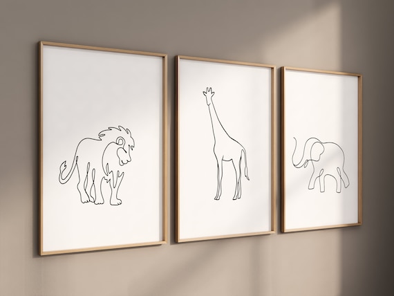 Nursery wall art animals, line art, animal nursery, gender neutral nursery, neutral nursery, baby room decor, lion, elephant, giraffe