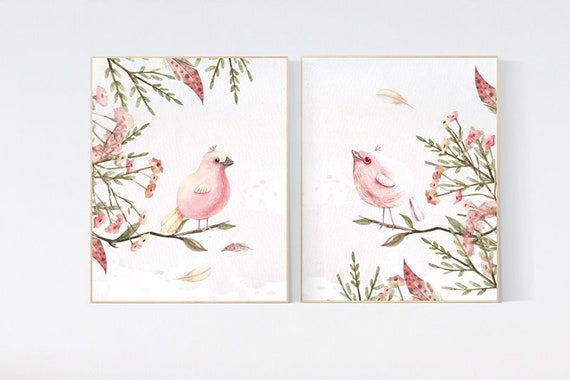 Nursery wall art birds, nursery decor girl floral, nursery decor girl flower, baby bird nursery, spring theme baby shower, bird nursery art